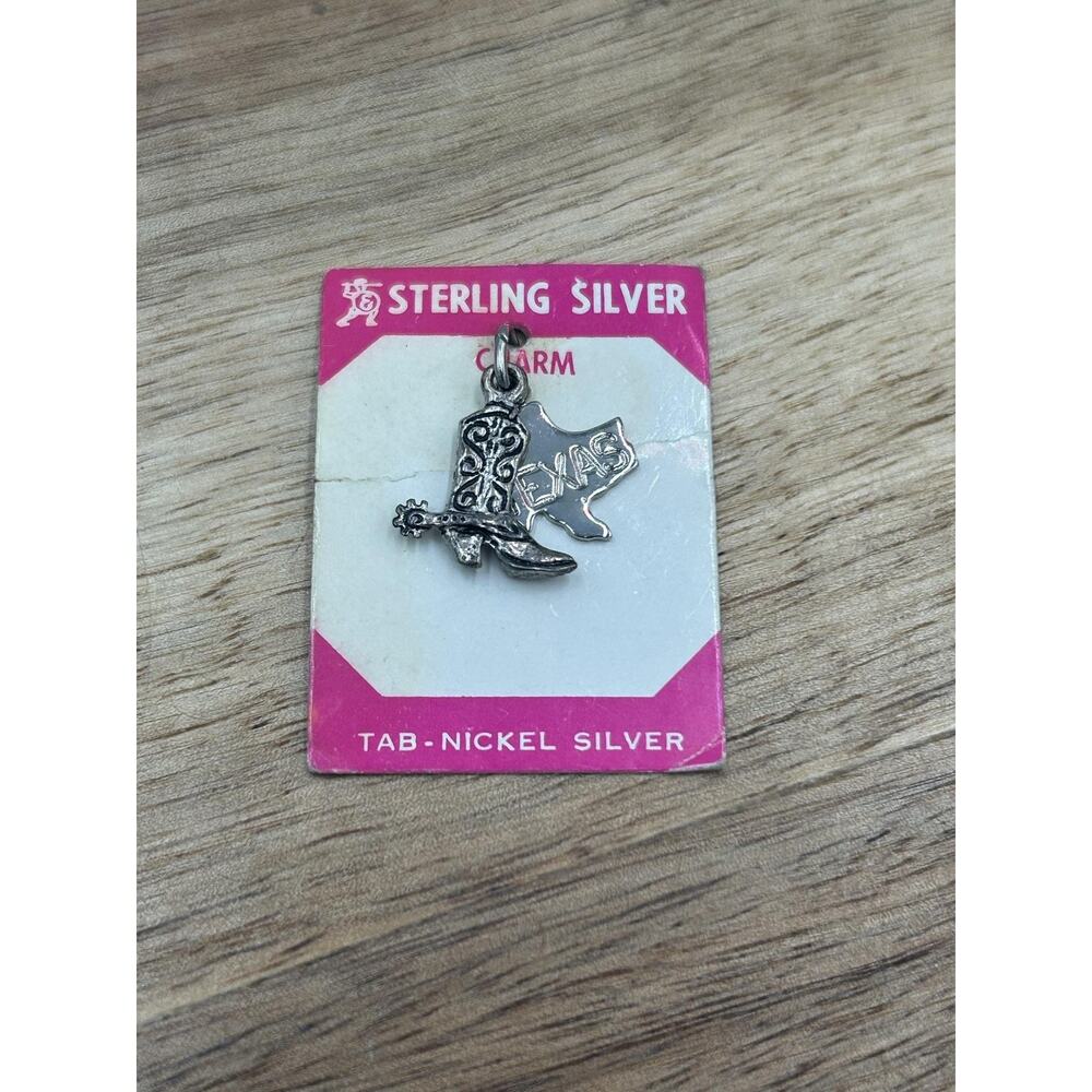 TAB Texas Boot State Charm Nickel Sterling Silver Western Travel Jewelry Pendant